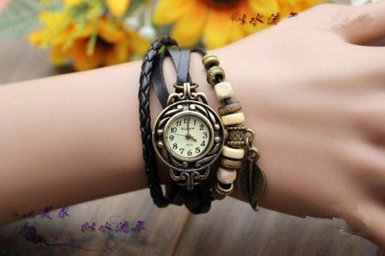 Fashion Womens Bracelet Vintage Weave Wrap Beads Wrist Watches